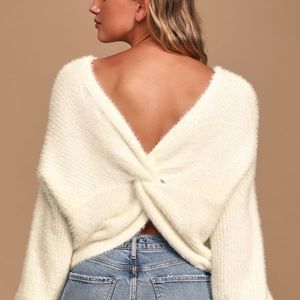 NWT MITTOSHOP Eyelash Fuzzy Shaggy BOHO Back TWIST Knot Deep V Sweater Small S